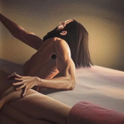 Image similar to oil painting of a slim man with long straight brown hair getting up from a bed with raised arms. evocative. artistic. volumetric lighting