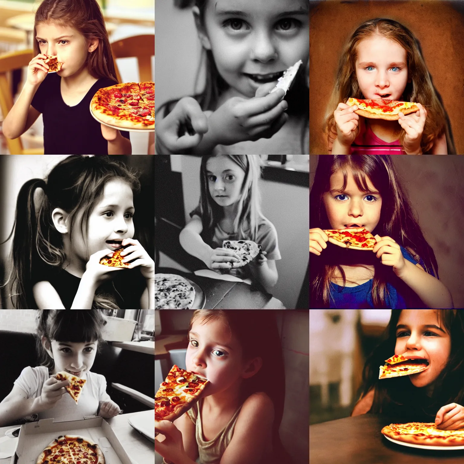 Prompt: a young girl eating a very tasty looking slice of pizza, 0 0 s movie, low quality video, sepia, jpeg artifacts, low resolution, old camera, colored photo