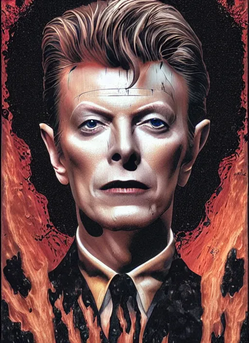 Image similar to twin peaks poster art, david bowie finds the black dragon made of ferrofluid, viscous, sticky, full of black goo, splattered black goo, dripping black goo, splattered goo, by michael whelan, rossetti bouguereau, artgerm, retro, nostalgic, old fashioned