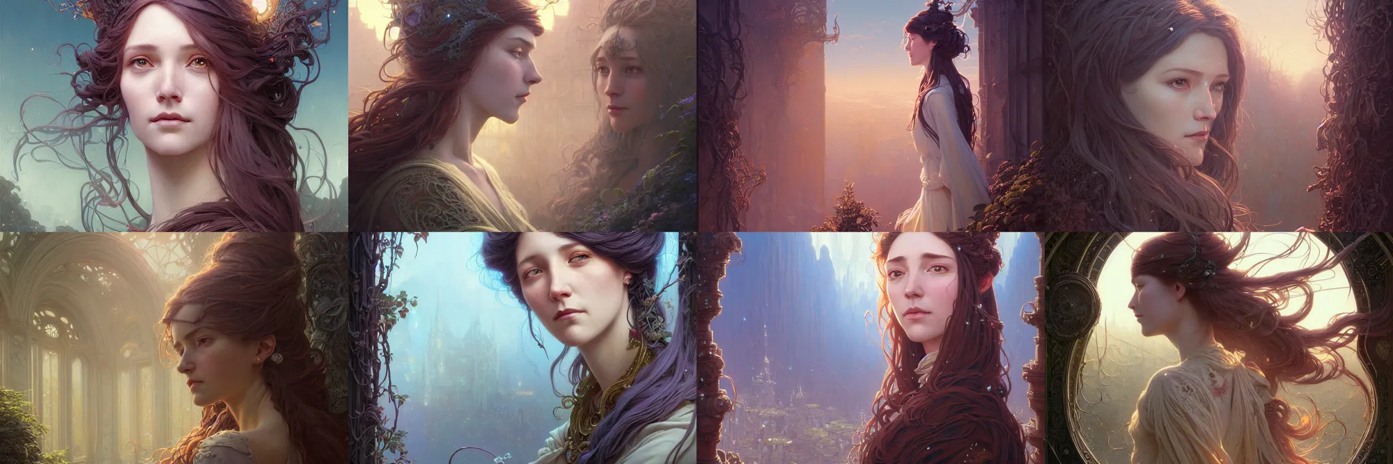 Image similar to highly detailed portrait of a woman with long hairs, stephen bliss, unreal engine, fantasy art by greg rutkowski, art nouveau, loish, rhads, ferdinand knab, makoto shinkai and lois van baarle, ilya kuvshinov, rossdraws, tom bagshaw, alphonse mucha, global illumination, radiant light, detailed and intricate environment