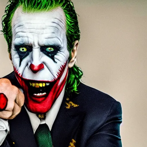 Image similar to film still of Joe Biden as joker in the new Joker movie