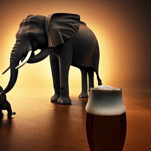 Image similar to apocalyptic, an elephant and a vampire and a magician being best friends and drinking a beer together. smoke. volumetric lighting, sharp focus, ultra detailed, cgsociety - w 1 0 2 4 - n 8 - i