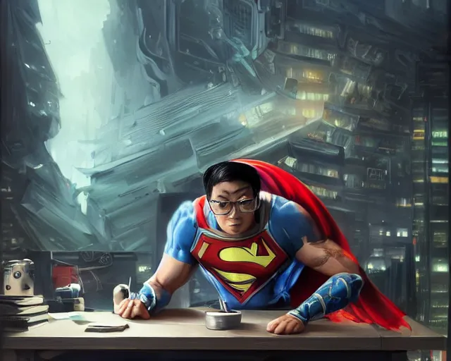 Image similar to an insanely detailed painting of a nerdy asian man wearing a superhero costume, sitting at a desk, staring at the nervously at the computer and typing, in the style of peter mohrbacher, dramatic lighting and composition, octane render, pixar, trending on artstation, concept art, comic book, view from behind