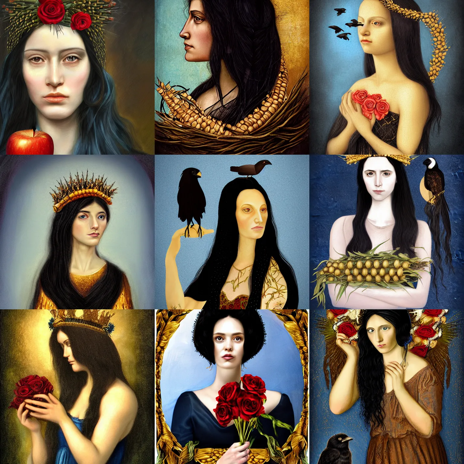 Prompt: portrait of proserpina, long black hair, sad eyes, realistic digital painting, with a crown made of corn, apples, roses, and bones. soft light. blue dark cave background. crow in hand. gold aura