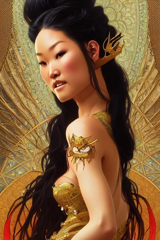 Prompt: asa akira as a princess, fantasy, intricate, elegant, highly detailed, digital painting, artstation, concept art, matte, sharp focus, illustration, art by artgerm and greg rutkowski and alphonse mucha