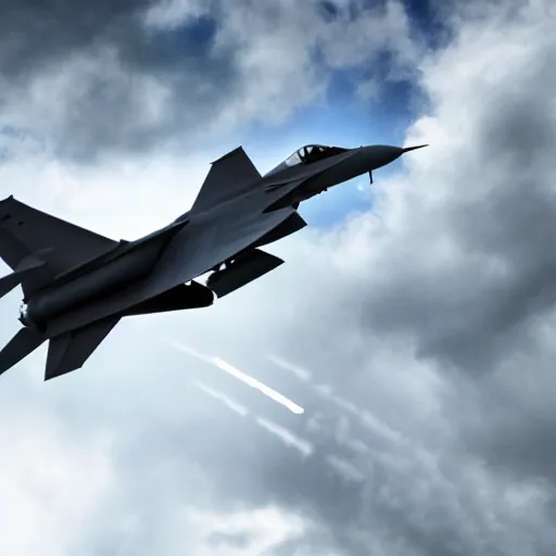 Image similar to stylish shot cinematic of a fighter jet flying through clouds