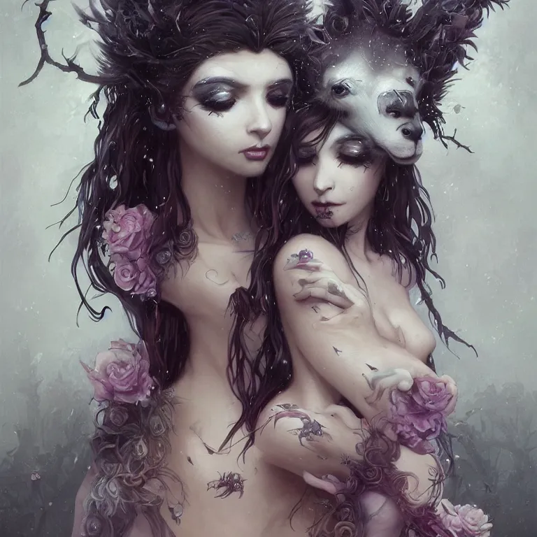 Image similar to highly detailed portrait of goth alpacas, eyeshadow, goth makeup, piercings, unreal engine, dark fantasy art by greg rutkowski, loish, rhads, ferdinand knab, makoto shinkai and lois van baarle, ilya kuvshinov, rossdraws, tom bagshaw, alphonse mucha, global illumination, radiant light, detailed and intricate environment