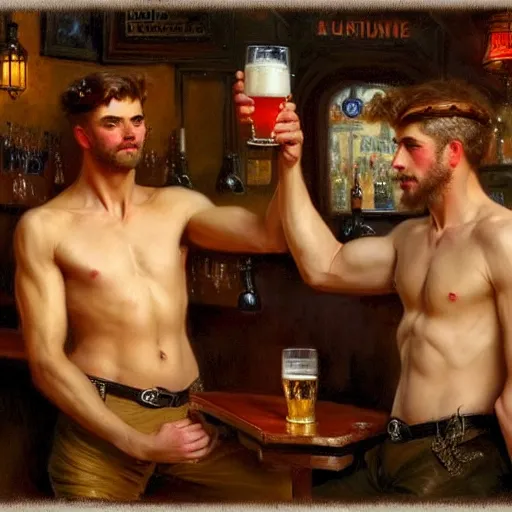 Prompt: attractive maculine male with brunet hair and attractive masculine male with blond hair. pants and shorts, drinking their hearts out, in a pub. highly detailed and very defined painting by gaston bussiere, j. c. leyendecker, craig mullins 8 k