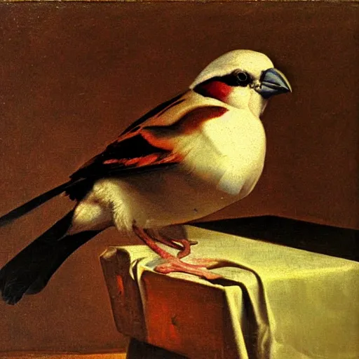 Prompt: oleo, by diego velazquez, artstation, an oil painting of a sparrow perched on a chair, sharp focus, highly detailed