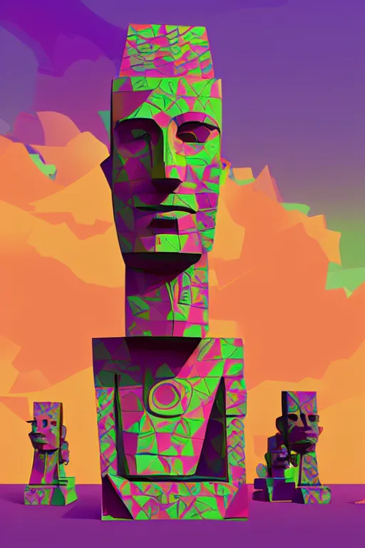 Image similar to cubist moai statue cutout digital illustration cartoon colorful beeple