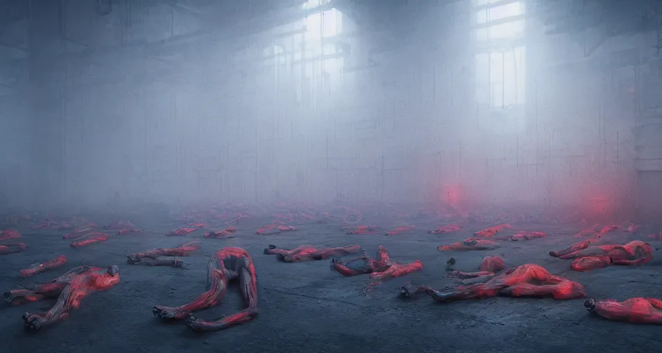 Image similar to illustration of rows of limp human bodies on display in a cold warehouse, refrigerated storage facility, rolling fog, greg rutkowski, cyberpunk, dystopian, dramatic lighting, unreal engine 5, colorful