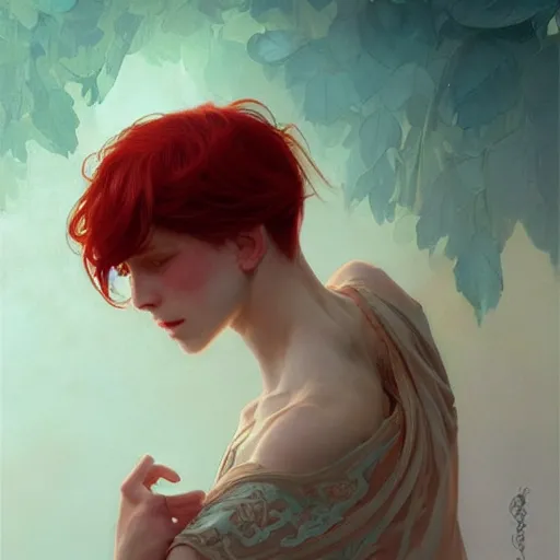 Image similar to young boy, red hair, turqouise eyes, gorgeous, amazing, feminine, elegant, intricate, highly detailed, digital painting, artstation, concept art, sharp focus, illustration, art by artgerm and greg rutkowski and alphonse mucha