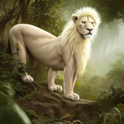 Image similar to commission portrait of a male anthro albino lion,wearing cargo pants and a boack t-shirt,going through a jungle cautiously.dramatic,character design by charles bowater,greg rutkowski,ross tran,hyperdetailed,hyperrealistic,4k,deviantart,artstation,professional photography,concept art