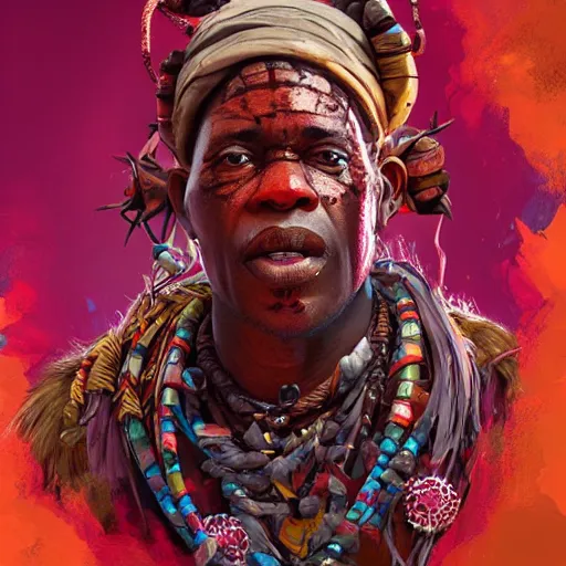 Image similar to an african voodoo shaman with a ruby in his forehead, Apex Legends character digital illustration portrait design, by android jones, detailed, cinematic lighting, wide angle action dynamic portrait