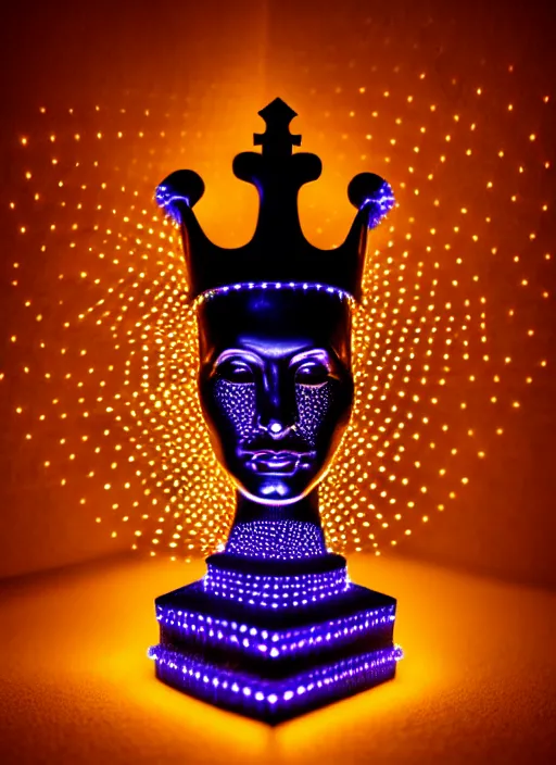 Prompt: queen chess piece photo, crown made of led point lights, pearlescent skin, skin made of led point lights, very detailed, highly detailed background, reflective chessboard, photorealism, sharp focus, photorealism , soft diffuse autumn lights, some sunlight ray, dark room wall, canon 5D 50 mm lens