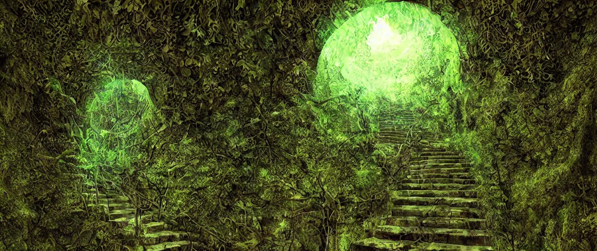 Image similar to a first person perspective shot looking up a stone staircase leading to an ancient stone archway that leads to an aaahh!!! Real monsters dimension covered in vines and emanating glowing yellow green light by James Gurney and beeple | unreal engine