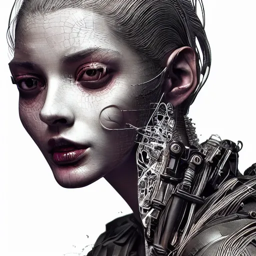 Image similar to the portrait of an absurdly beautiful, graceful, elegant, sophisticated, fashionable cyberpunk gravure idol, an ultrafine hyperdetailed illustration by kim jung gi, irakli nadar, intricate linework, bright colors, porcelain skin, unreal engine 5 highly rendered, global illumination, radiant light, detailed and intricate environment