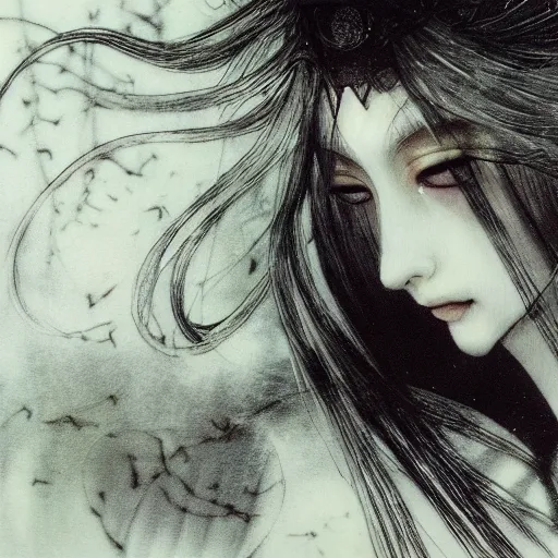 Image similar to yoshitaka amano blurred and dreamy illustration of an anime girl with black eyes, wavy white hair fluttering in the wind wearing elden ring armor and engraving, abstract black and white patterns on the background, noisy film grain effect, highly detailed, renaissance oil painting, weird portrait angle, blurred lost edges, three quarter view