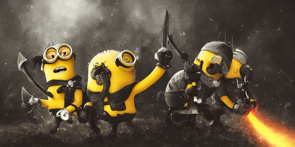 Image similar to two Minions with axes and words against golden sparks, black smoke, yellow lights, Anime, cyberpunk, gothic, dark fantasy, art, 4k,