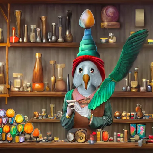 Image similar to Anthropomorphic parrot trader in his shop, shelves full, selling a gem, portrait, items, magic potions, carpet, window, fancy funny hat, sly expression , cunning expression, cute expression, presenting magic gem, D&D, fantasy, cinematic lighting, highly detailed, digital painting, artstation, concept art, smooth, sharp focus, illustration, warm light, cozy warm tint, magic the gathering artwork, volumetric lighting, 8k, no gold, no gold colours, art by Akihiko Yoshida, Greg Rutkowski