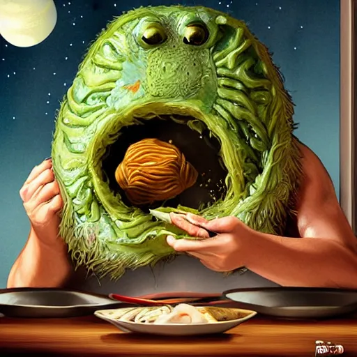 Image similar to extraterrestrial eating dumplings at fancy Japanese restaurant, Jim Henson creature shop, science fiction, highly detailed, illustration