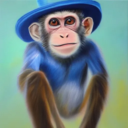 Image similar to a beautiful oil painting of a monkey in a blue top hat , 8k , award winning