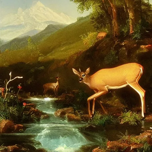 Image similar to A deer comes to drink from the stream. The deer is a metaphor for innocence. It is pure and untouched by the harshness of the world. It is gentle and fragile. An oil painting by Thomas Cole