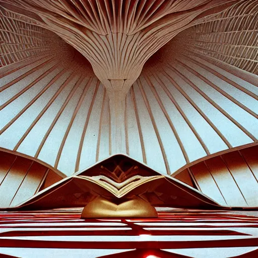 Image similar to interior of a futuristic lotus temple space station with gold, red and white marble panels, by buckminster fuller and syd mead, intricate contemporary architecture, photo journalism, photography, cinematic, national geographic photoshoot