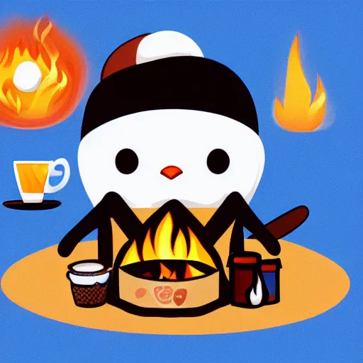 Image similar to A penguin wearing a beanie sitting next to a campfire with a cup of coffee by Sanrio