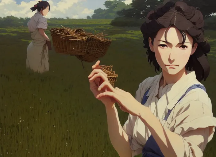 Image similar to a film still portrait of a farmer woman, finely detailed features, closeup at the faces, perfect art, at an ancient village farm, gapmoe yandere grimdark, trending on pixiv fanbox, painted by greg rutkowski makoto shinkai takashi takeuchi studio ghibli, akihiko yoshida