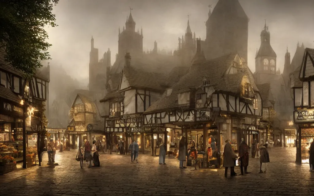 Image similar to at the market of a medeveil english town with mist, highly detailed, cinematic lighting, render, fantasy