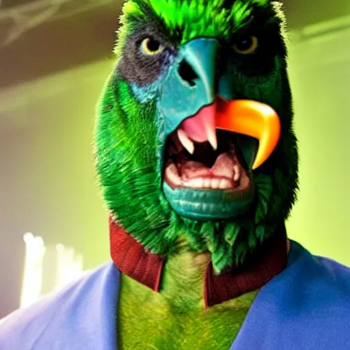 Prompt: The green incredible hulk performing at a concert with a parrot on his shoulder