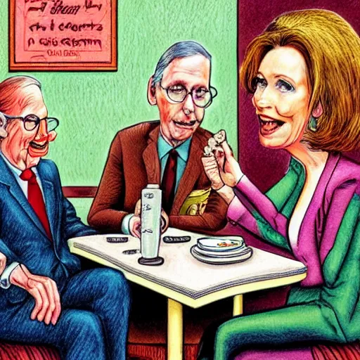 Image similar to The Artwork of R. Crumb and his Cheap Suit Mitch McConnell and Nancy Pelosi go out to a diner, pencil and colored marker artwork, trailer-trash lifestyle