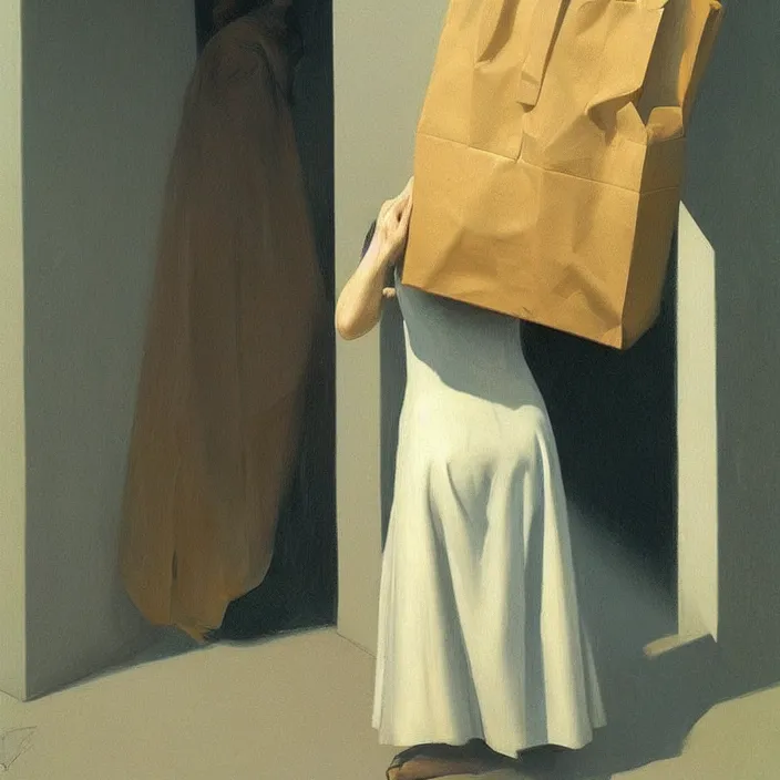 Image similar to woman pushing face through paper bag, exposed back, artstation, art by, , edward hopper, Zdzislaw Beksinski, highly detailed