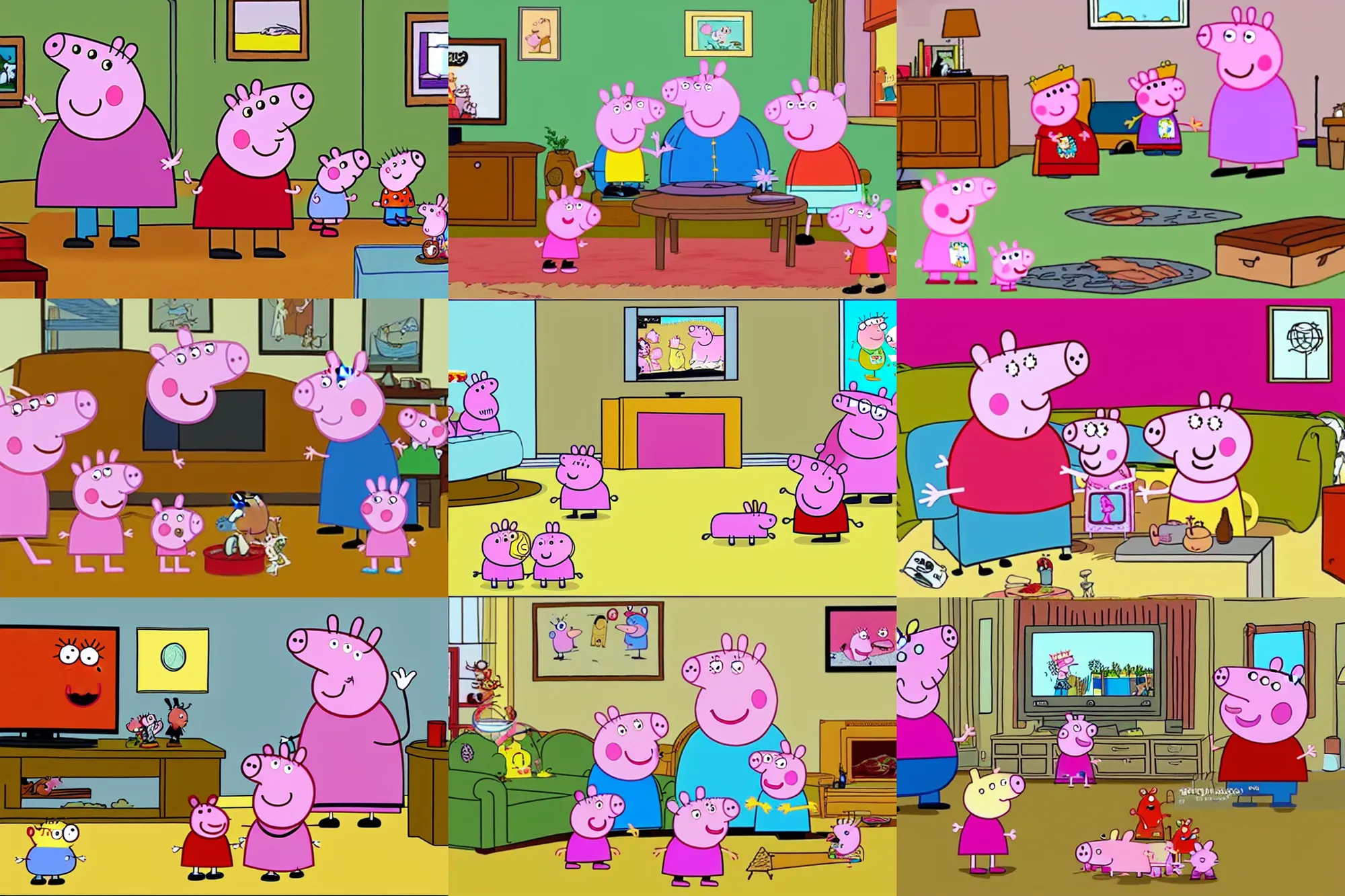 Prompt: peppa pig watching tv with the griffin family. in an episode of the cartoon family guy.