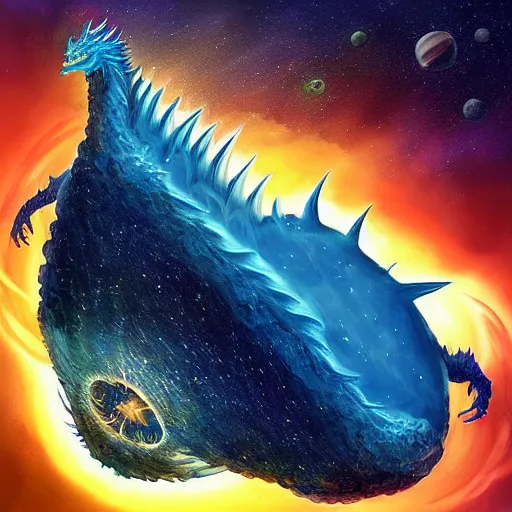 Prompt: Gigantic blue scaled dragon devouring an earth like planet while flying in space, sun system, nebula, digital art by Carles Dalmau