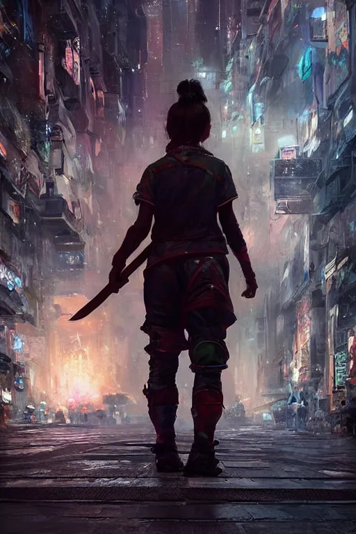 Prompt: a portrait of a small person wearing a katana in the middle foreground walking in the street of a sci-fi city by Greg Rutkowski, Sung Choi, Mitchell Mohrhauser, Maciej Kuciara, Johnson Ting, Maxim Verehin, Peter Konig, final fantasy , mythical, 8k photorealistic, cinematic lighting, HD, high details, atmospheric,