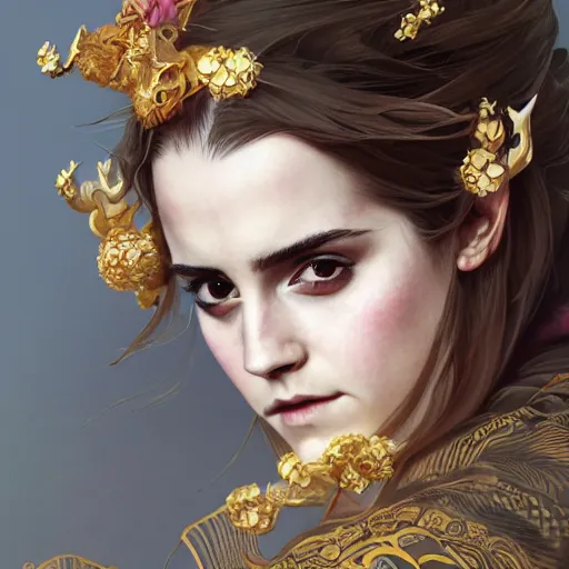 Image similar to a photorealistic dramatic fantasy render of a beautiful woman emma watson wearing a beautiful intricately detailed japanese monkey kitsune mask and clasical japanese kimono by wlop, artgerm, greg rutkowski, alphonse mucha, epic, beautiful dynamic dramatic dark moody lighting, shadows, cinematic atmosphere, artstation, concept design art, octane render, 8 k