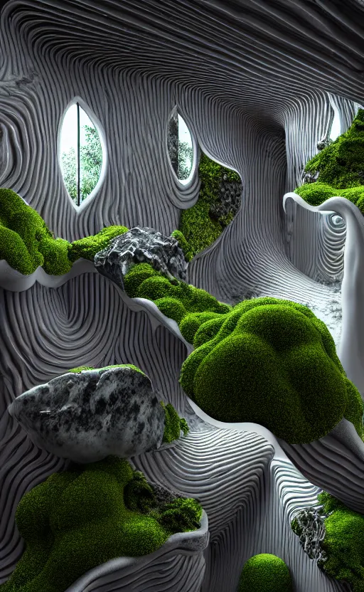 Image similar to highly detailed ultra sharp 3 d render villa interior cinematic composition of a smooth ceramic porcelain biomorphic magnolia stone nebula fluid fractal sci - fi surreal architecture landscape, granite, metallic, magnesium, marble, moss and lichen, vincent callebaut composition, mamou - mani, archviz, beautiful lighting, 8 k, unreal engine, hdr,