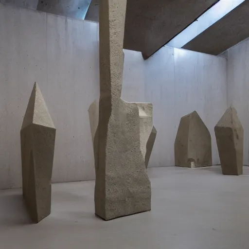 Image similar to sculptures in a brutalist museum