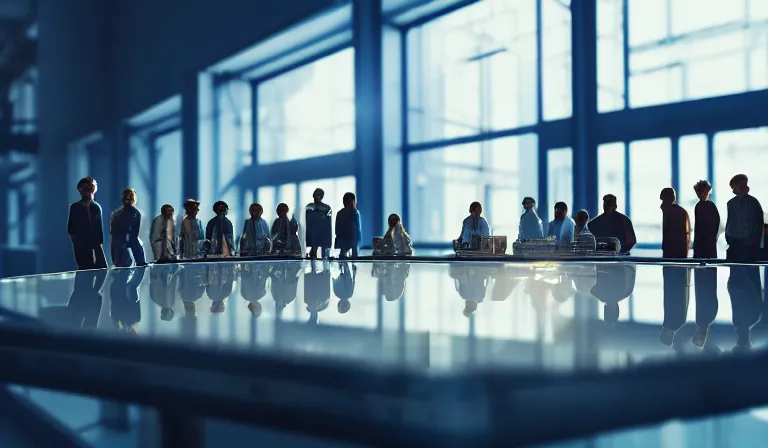 Image similar to group of people in simple windowed warehouse, looking at hologram of futuristic city on a table, cinematic concept art, godrays, golden hour, natural sunlight, 4 k, clear details, tabletop model buildings, center model buildings, hologram center, crane shot, crane shot, crane shot