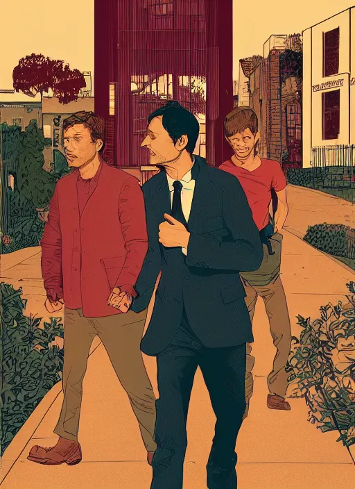 Image similar to portrait of Mads Mikkelsen and Hugh Dancy holding hands romantically as they chaperone school dance by Michael Whelan, Bob Larkin and Tomer Hanuka, simple illustration, domestic, nostalgic, clean, Matte painting, trending on artstation and unreal engine, New Yorker magazine cover