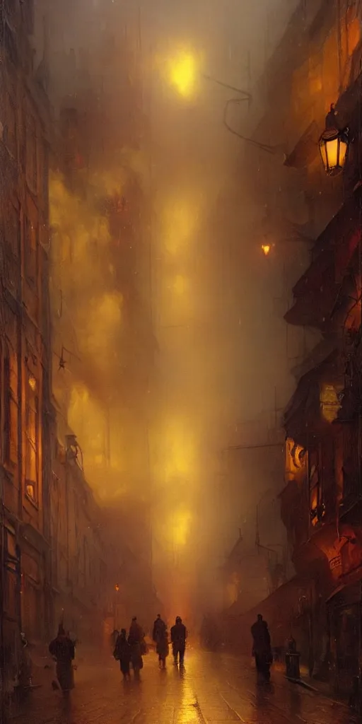 Image similar to a street of a city in 1 9 4 0 with yellow light on from the windows during the night, a men stand up under a light, steam punk, mystical red fog, oil on canvas, art by andreas achenbach, clemens ascher, tom bagshaw and sabbas apterus,