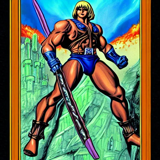 Prompt: He-Man in front of castle Grayskull in the style of Ken Kelly