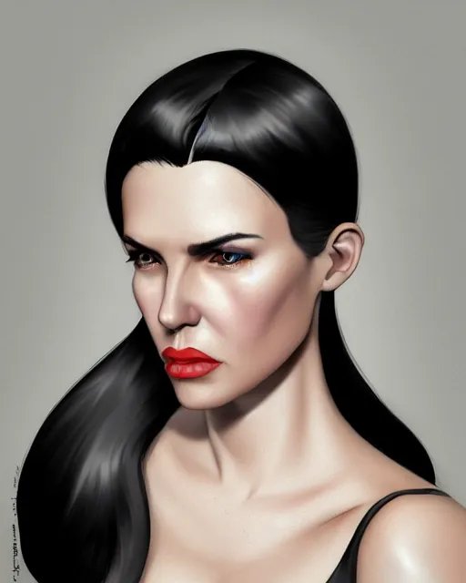 Image similar to portrait of a tall 4 0 - year - old woman with thin lips, heavy - lidded eyes, a strong jaw and long, thick shining black hair, thick eyebrows and long eyelashes, wearing in black clothes, hyper realistic face, beautiful eyes, character art, art by mark brooks, hyperdetailed, cryengine, trending on artstation, digital art