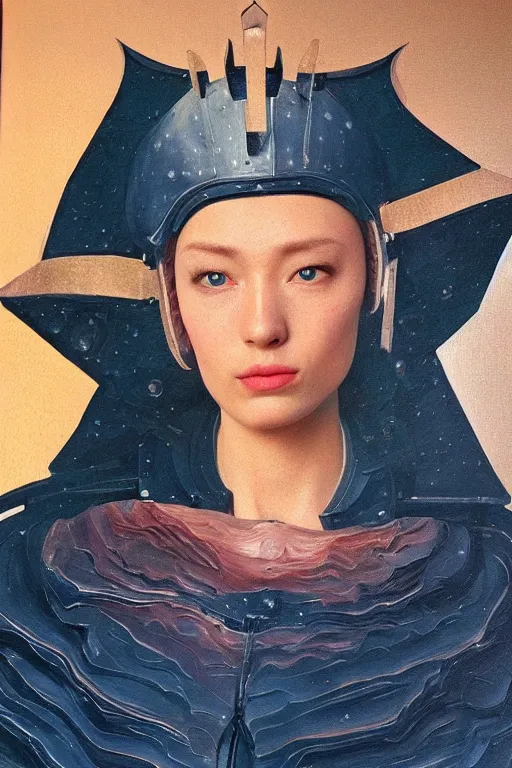 Image similar to hyperrealism oil painting, close - up portrait of caucasian medieval fashion model, knight, steel gradient mixed with nebula sky, in style of baroque mixed with 7 0 s japan book art