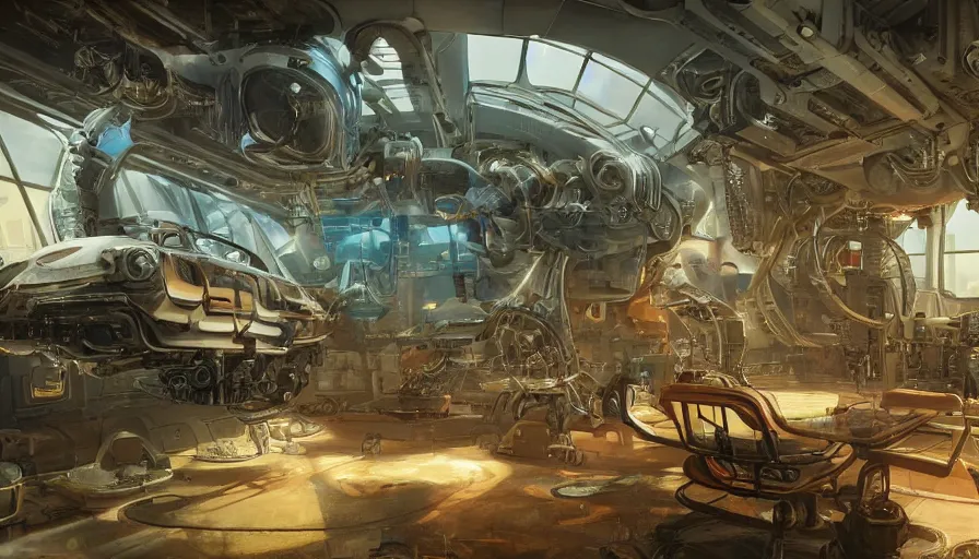 Prompt: the inside of a futuristic mechanic spaceshop coc, highly detailed interior, half - finished robot, holographic screen in center frame by peter mohrbacher, dieselpunk, firefly, cryengine render, hyper realism, realistic shading, cinematic composition, realistic render, octane render, detailed textures, photorealistic, wide shot, fanciful, colorful