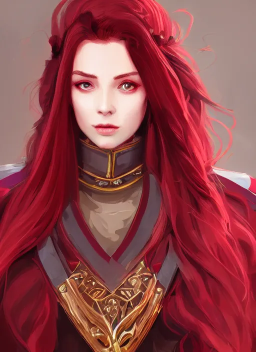 Image similar to a highly detailed illustration of beautiful long dark red haired woman wearing wine red epaulette uniform and coat cape, dramatic wielding strings pose, intricate, elegant, highly detailed, centered, digital painting, artstation, concept art, smooth, sharp focus, league of legends concept art, wlop