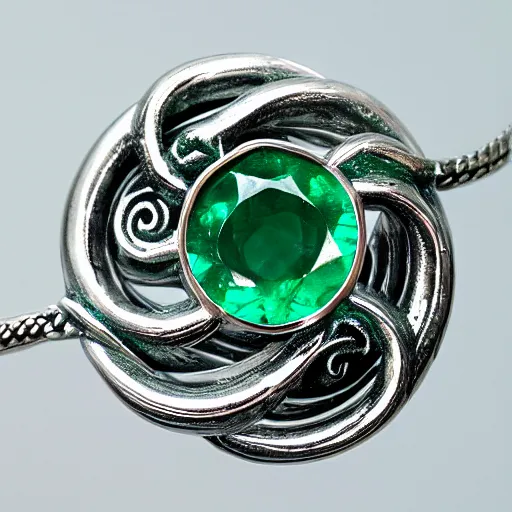 Prompt: ornate silver ouroboros emerald jewelry macro product photo