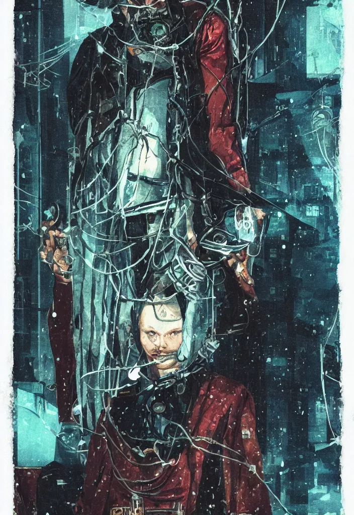 Prompt: the hanged man as a cyberpunk tarot card
